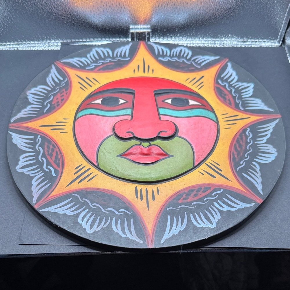 Vintage Sun Painted Tribal Face Mask Aztec Folk Wood Carving